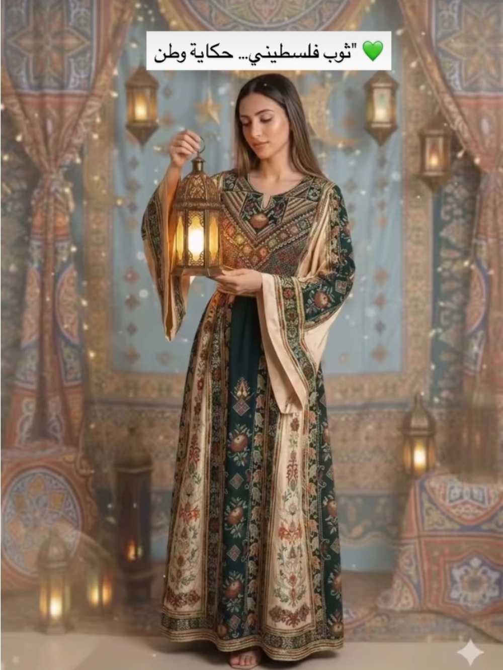 Embroidered Green and Cream Maxi Dress - Authentic Palestinian Inspired